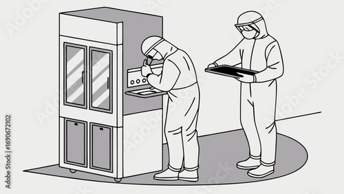 Illustration of two scientists in protective suits working in a laboratory with equipment.