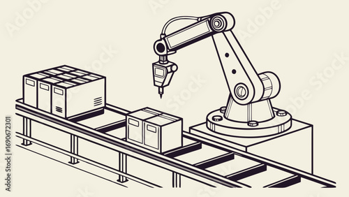 Industrial Robotic Arm on Conveyor Belt System Automated Packaging and Manufacturing Process Illustration.
