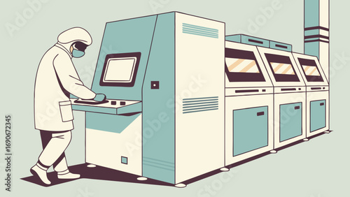 Industrial worker operating a complex machinery system.