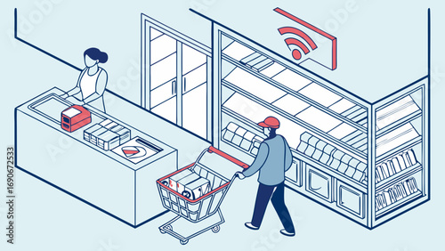 Isometric Illustration of a Person Shopping in a Store with Wifi Symbol.
