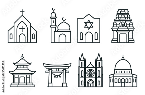 Iconic religious architecture symbols: church, mosque, synagogue, temple, pagoda, torii