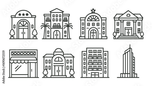 Set of linear iconographic buildings including hotel and various architectural styles