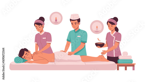 Serene spa scene with three therapists providing a relaxing massage and aromatherapy treatment to a client lying on a bed