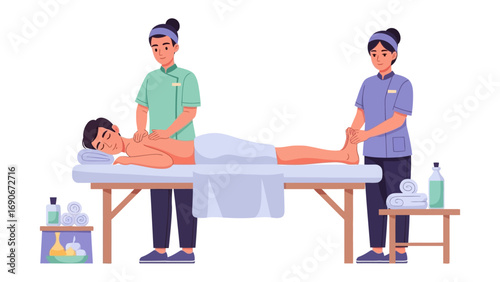 Two professional massage therapists giving a relaxing full body massage to a person lying on a massage table in a spa setting