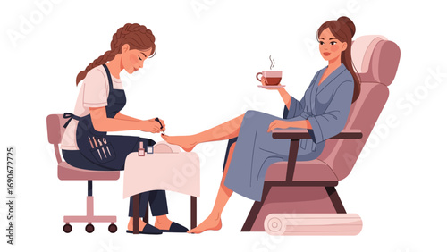 Woman relaxing in a comfortable chair receiving a professional pedicure treatment with a beverage in hand