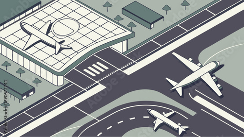 Isometric illustration of airplanes at an airport aerial view transportation travel design.