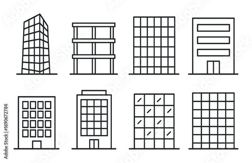 Minimalist line art of various building facades on gray background