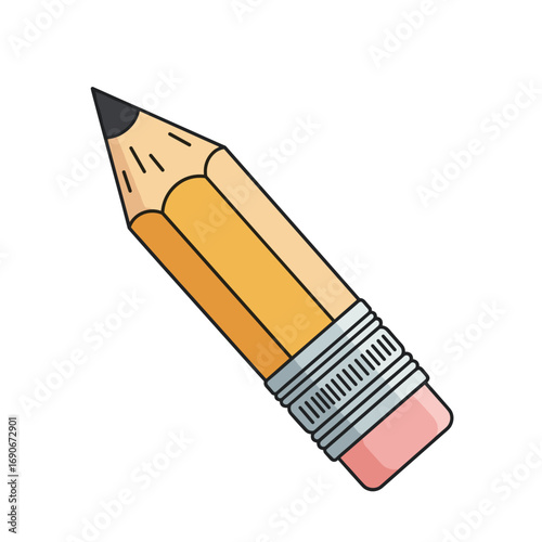 A simple yellow sharpened pencil with a pink eraser on a white background