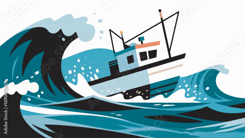 Illustration of Small Fishing Boat on High Waves Sea Vector Design Template