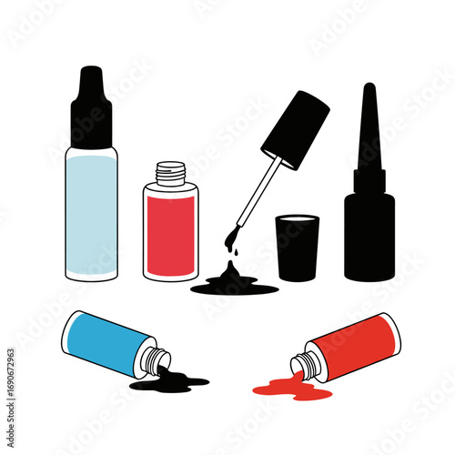 Collection of nail polish and cosmetic applicator bottles showing various colors and spills