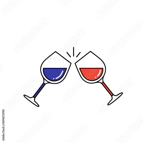 Celebration toast with red and blue wine glasses clinking together joyfully