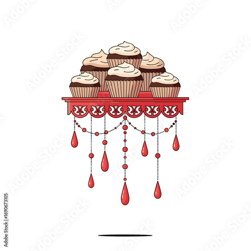 Decadent chocolate cupcakes with creamy frosting perched on a red ornate shelf with dangle decorations
