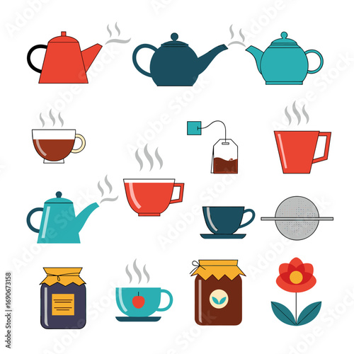 Collection of hot beverages tea pots cups tea bags and sweet jars illustrating a cozy refreshment break