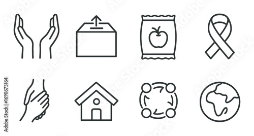 Charitable icons: hands, donation box, food bag, awareness ribbon, support, home, community, earth
