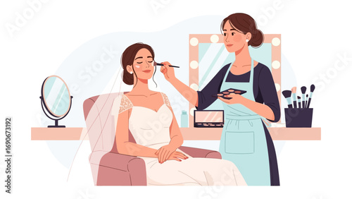 Professional makeup artist applying makeup to a bride sitting in a chair in a beauty salon or dressing room setting