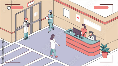 Isometric Illustration of People in a Medical Facility Reception Area.