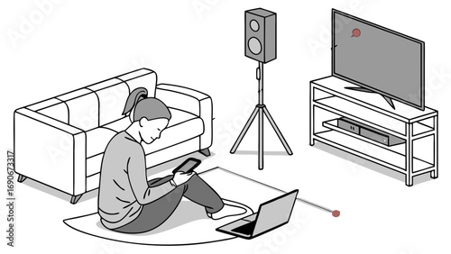 Isometric Illustration of Person Relaxing at Home with Electronics.