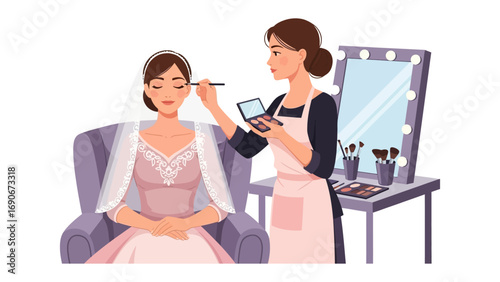 Professional makeup artist applying makeup to a bride sitting in a chair with a vanity mirror and makeup station nearby