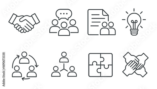 Business collaboration icons set with handshake, idea, and puzzle symbols
