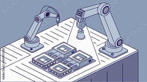 Isometric Illustration of Robotic Arms Assembling a Complex Machine or Circuit Board.