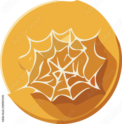 A stylized illustration of a spider web, presented within a circular badge, casting a shadow.