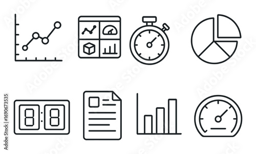 Data analysis concept icons grid: graph, dashboard, timer, chart, gauge