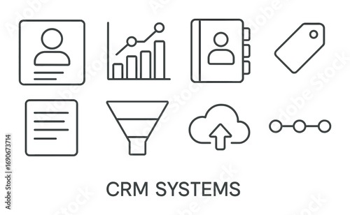 Crm systems icons: user profiles, analytics, data management, cloud storage, workflow tools