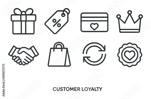 Customer loyalty icons: gift, tag, card, crown, handshake, bag, refresh, badge symbols