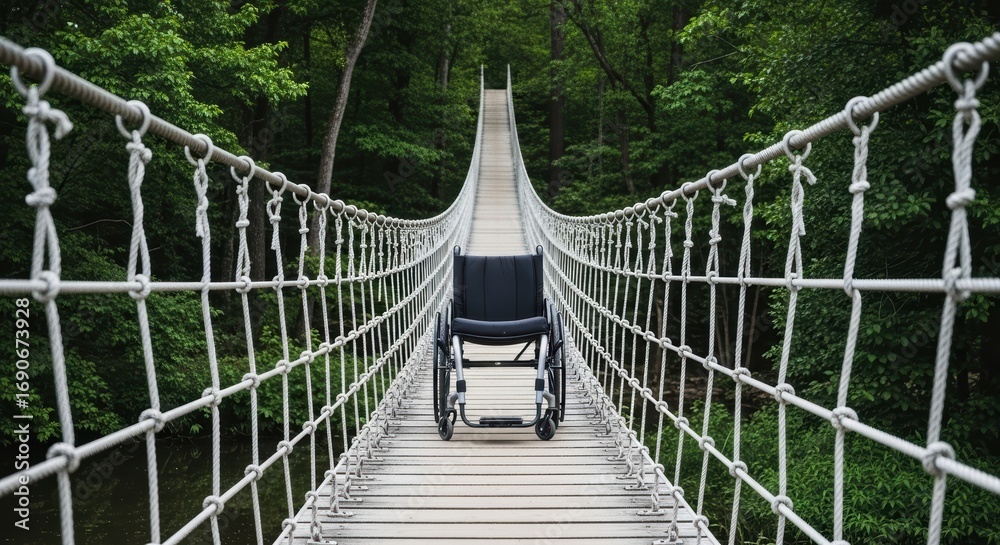 Obraz premium Wheelchair on suspended rope bridge in forest with lush greenery