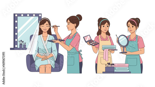 Diverse group of women applying makeup and styling hair in a beauty salon or studio setting with mirrors and cosmetic products