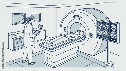 Medical examination MRI scan doctor and patient healthcare illustration hospital equipment medical technology radiology diagnosis treatment healthcare worker patient care medical imaging health medic.