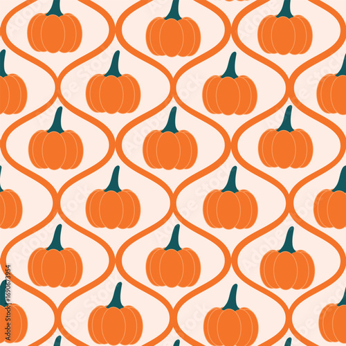 Orange retro pumpkins seamless pattern on vintage ogee on cream background. For autumn print, home décor and fabric
