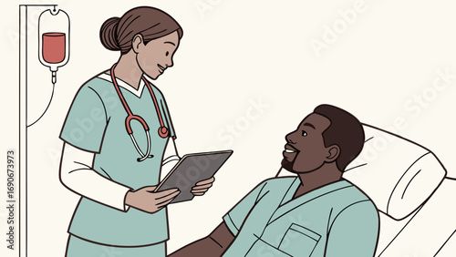 Medical professional consulting patient healthcare illustration doctor with tablet hospital scene patient care.