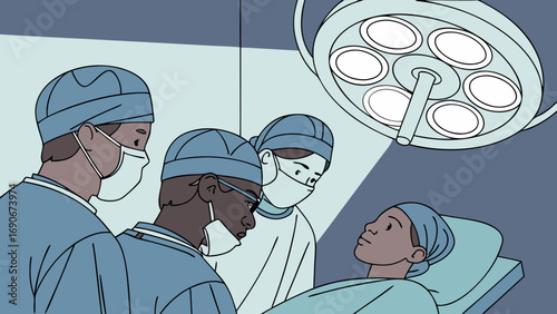 Medical Illustration Surgeons Performing Surgery on Patient in Operating Room.