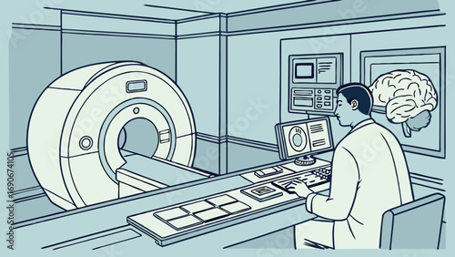 Medical professional operating MRI machine in a medical facility healthcare technology illustration.