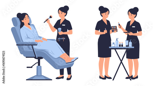 Two professional makeup artists applying cosmetics to a client in a salon chair and preparing their makeup kit on a table