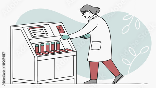 Medical professional using laboratory equipment with blood samples.