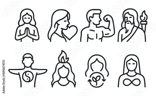 Minimalist icons of people representing strength, peace, and nature