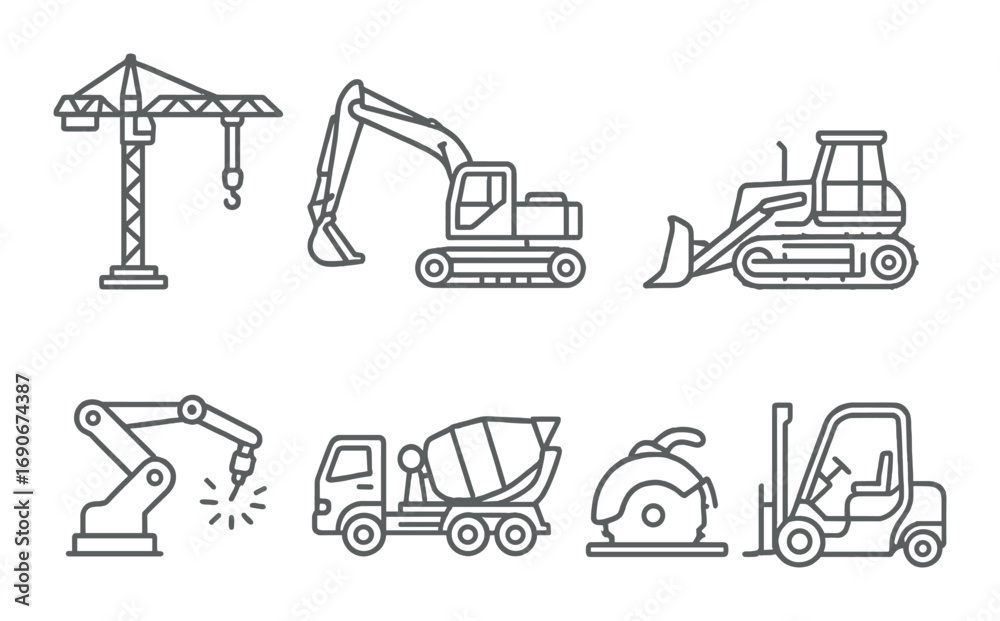 Naklejka premium Monochrome construction icons: crane, excavator, bulldozer, robotic arm, cement mixer, saw, forklift