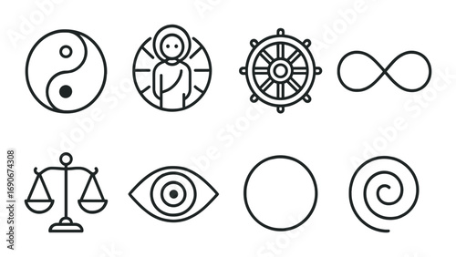 Set of spiritual symbols: yin yang, infinity, eye, spiral, balance, wheel, meditation icon