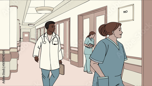 Medical professionals walking in a hospital corridor healthcare workers doctors nurses hospital hallway medical illustration vector art healthcare staff clinic interior medical facility medical perso.