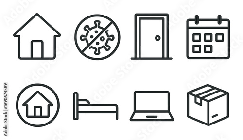 Home and quarantine icons: house, virus, door, calendar, bed, laptop, box