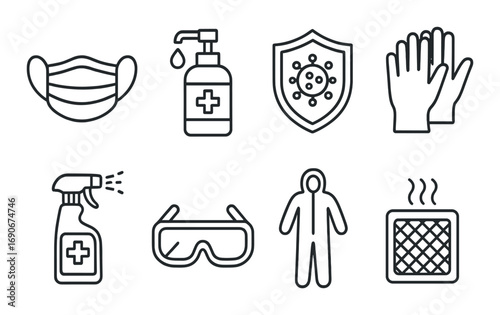 Protective health equipment icons: mask, sanitizer, gloves, shield, spray, goggles, suit, filter