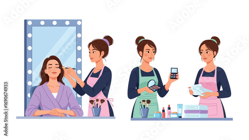 Two makeup artists applying cosmetics to a client and preparing products for a beauty session in a professional studio setting
