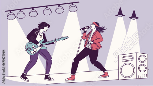 Musical Band Performing on Stage Live Concert Illustration Musicians Playing Guitar and Singing Vector Art.