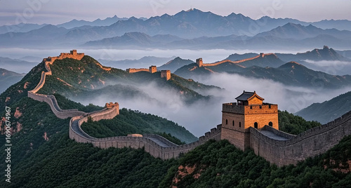 The Great Wall at Sunrise with a Sea of Clouds, Chinese Landmark, Ancient Architecture, and Cultural Tourism Background