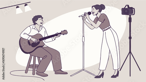 Musical Duo Performing Live Studio Recording Acoustic Guitar Singer with Microphone Video Production Music Illustration.