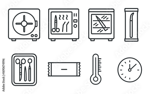 Black and white surgical instrument sterilization icons with timer and temperature symbols