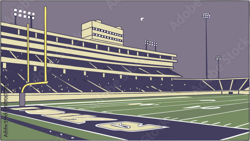 Night Game at an American Football Stadium Vector Illustration.