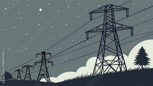 Night Sky with Power Lines and Trees.